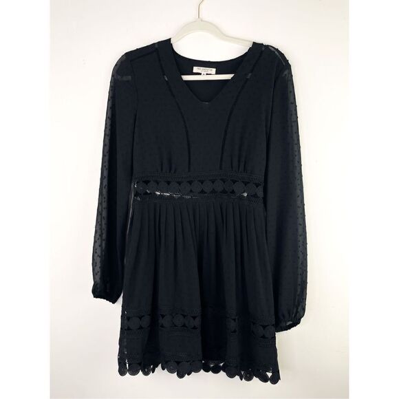 Free Generation LA Black V Neck Boho Cutout Long Sleeve Mini Dress Size M - Picture 2 of 10